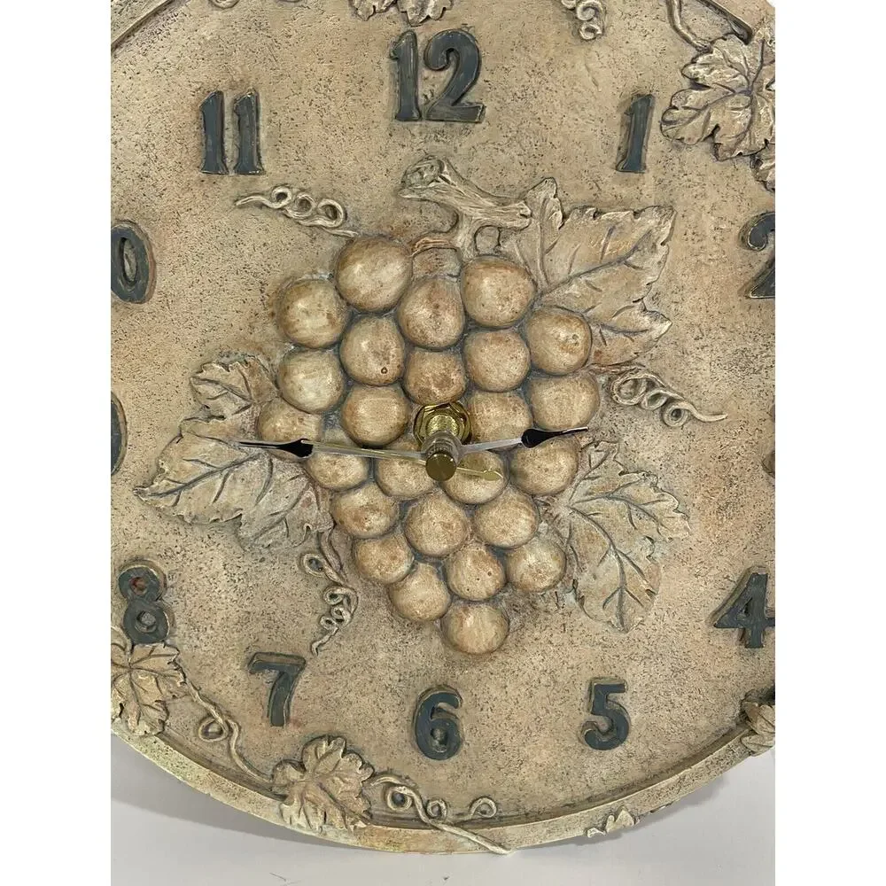Vintage Ceramic Wall Clock Grapes Motif Gorgeous Round Fruits‎ Rustic Stone Like